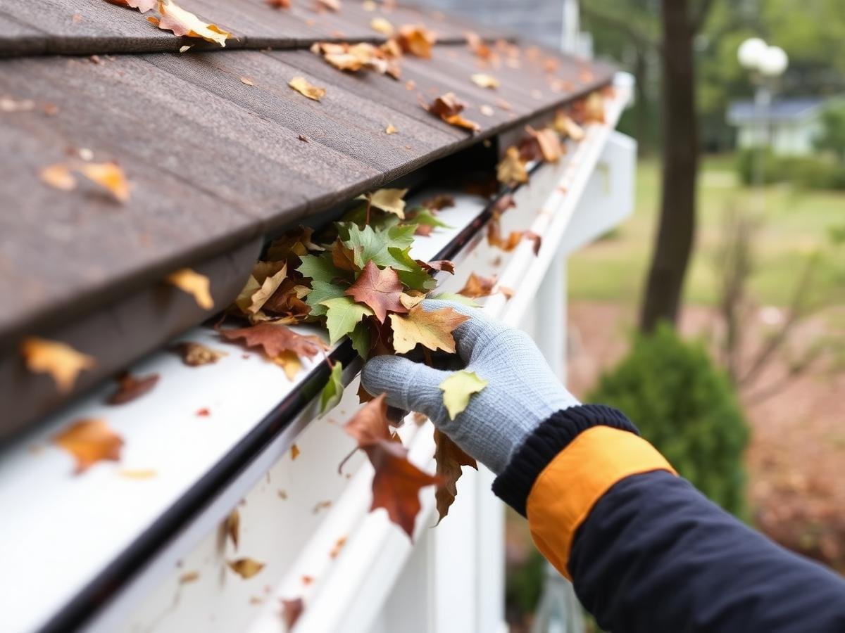 Clearing leaves and debris from a gutter